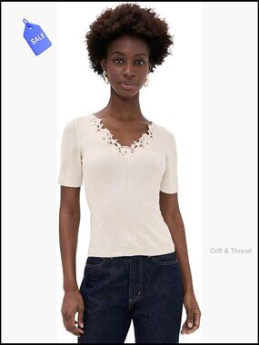 Short Sleeve Knit Top with Lace Detail, Ribbed Fabric, Stretchy Fit
